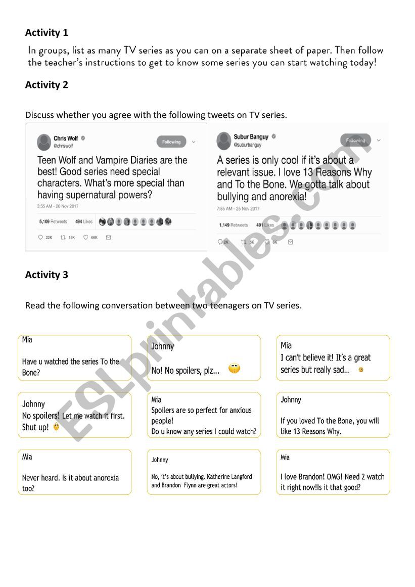 TV Shows and Text Speaking worksheet