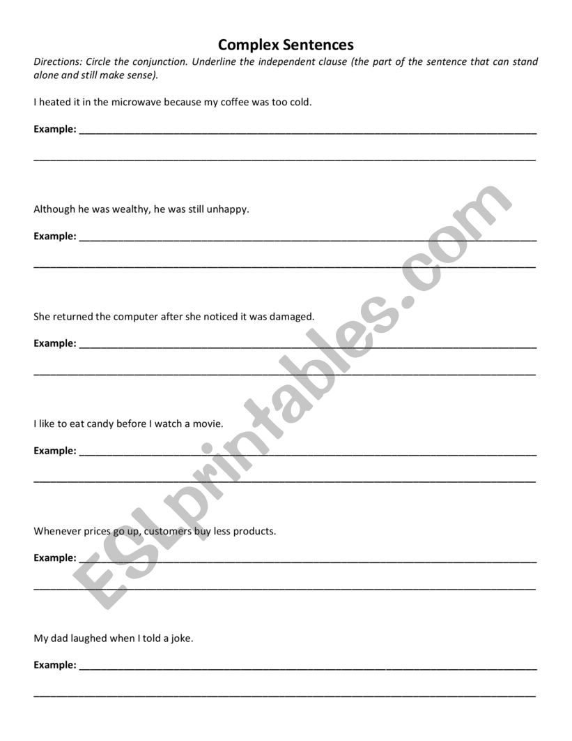 Complex Sentences Worksheet Esl