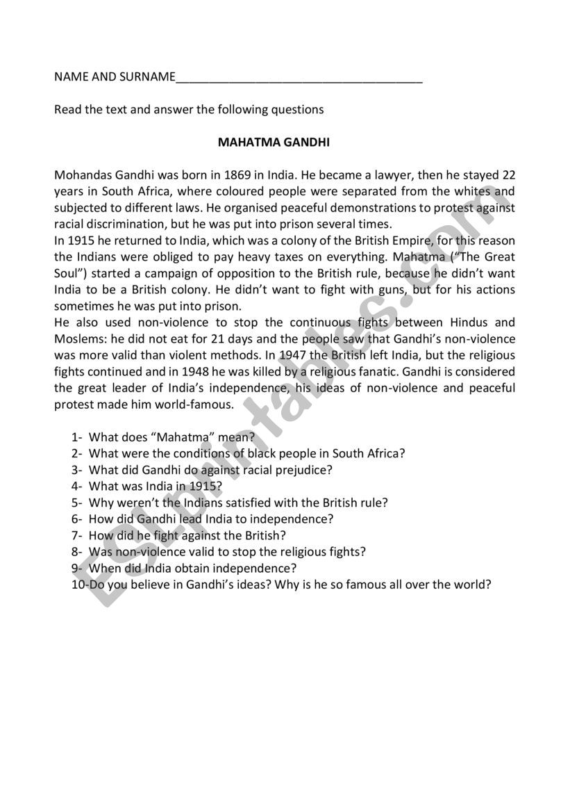 MAHATMA GANDHI worksheet