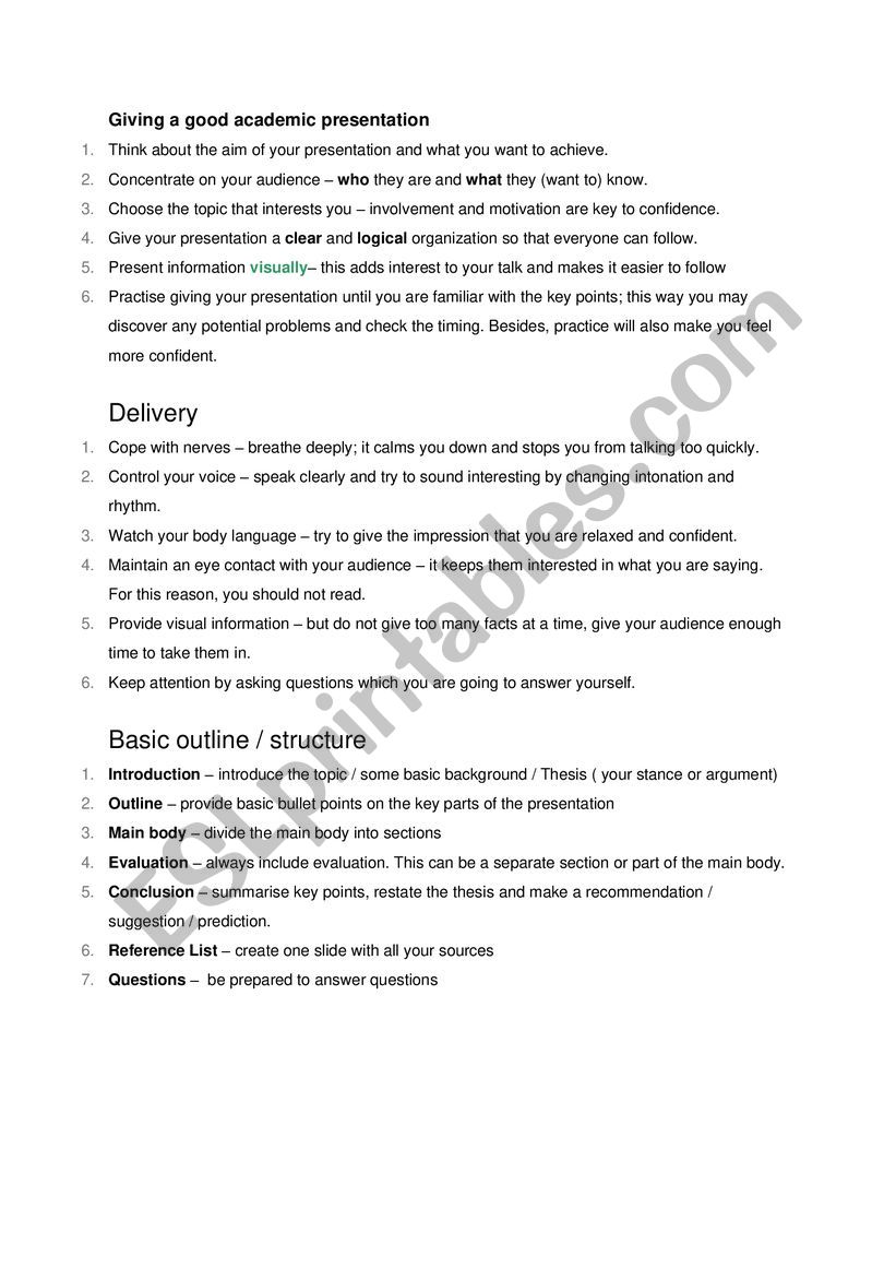 tips abput presentations worksheet