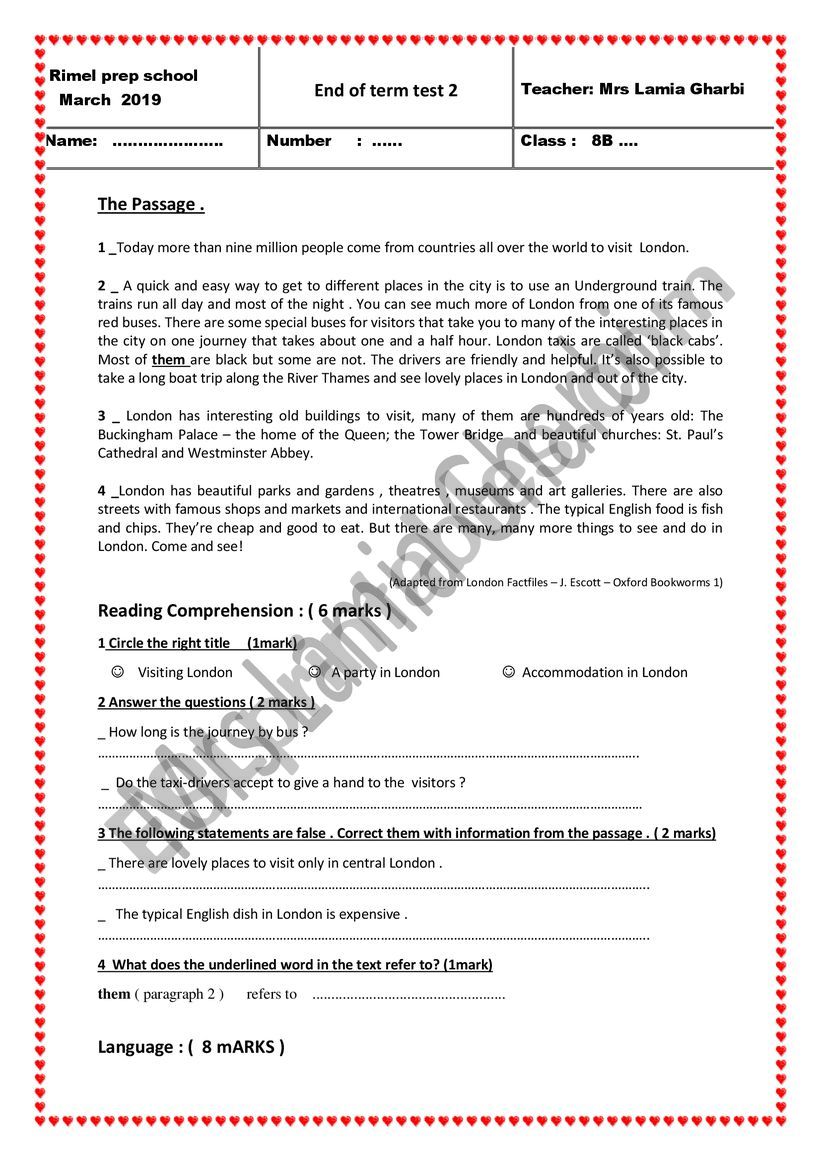 END OF TERM TEST 2 8TH FORM worksheet