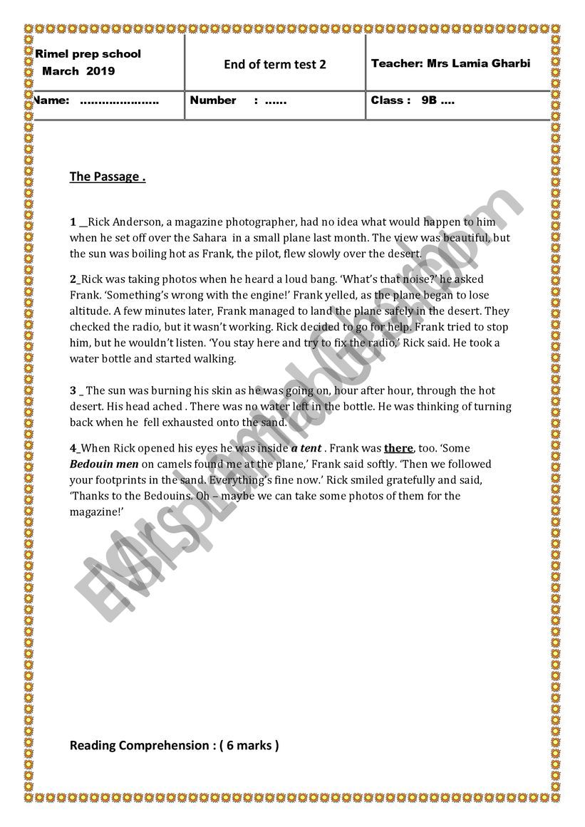 END OF TERM TEST 2 9TH FORM worksheet