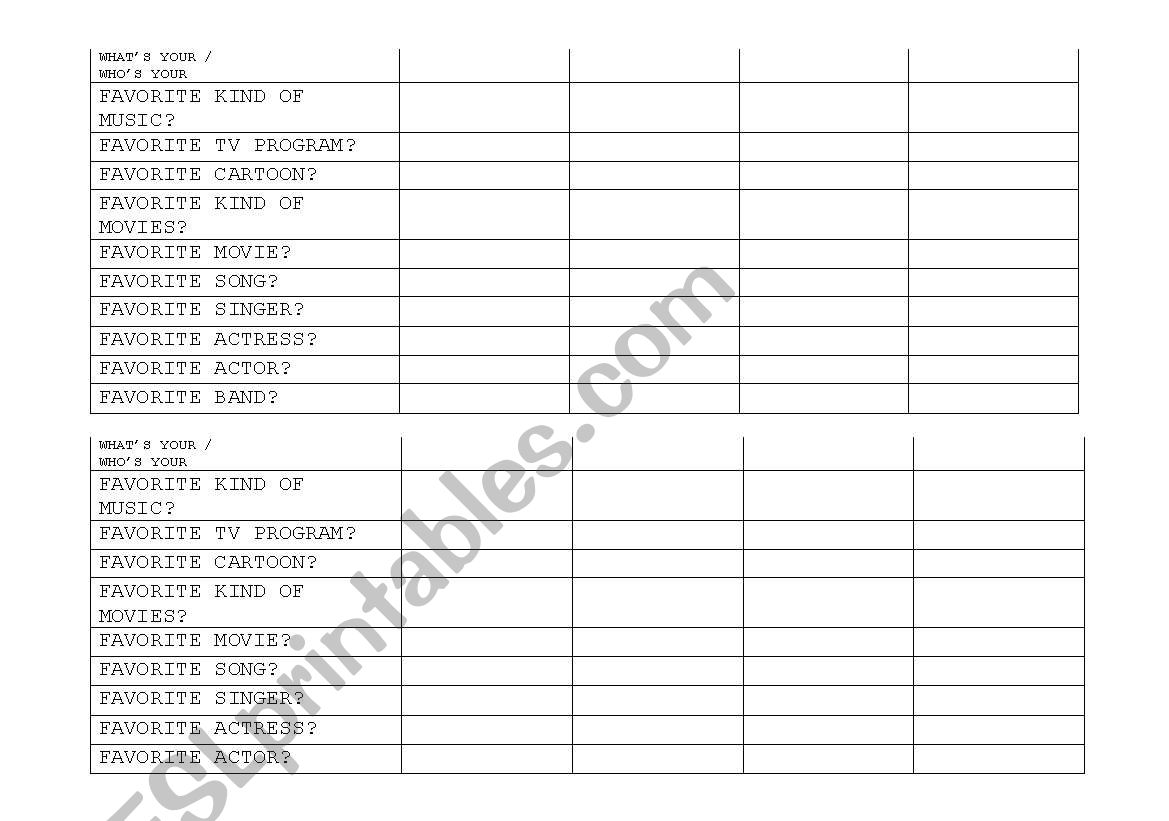 Questions About Favorites worksheet