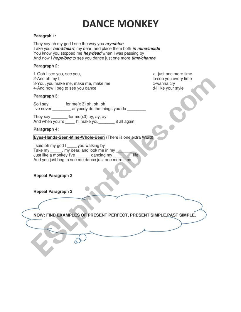 dance monkey song worksheet