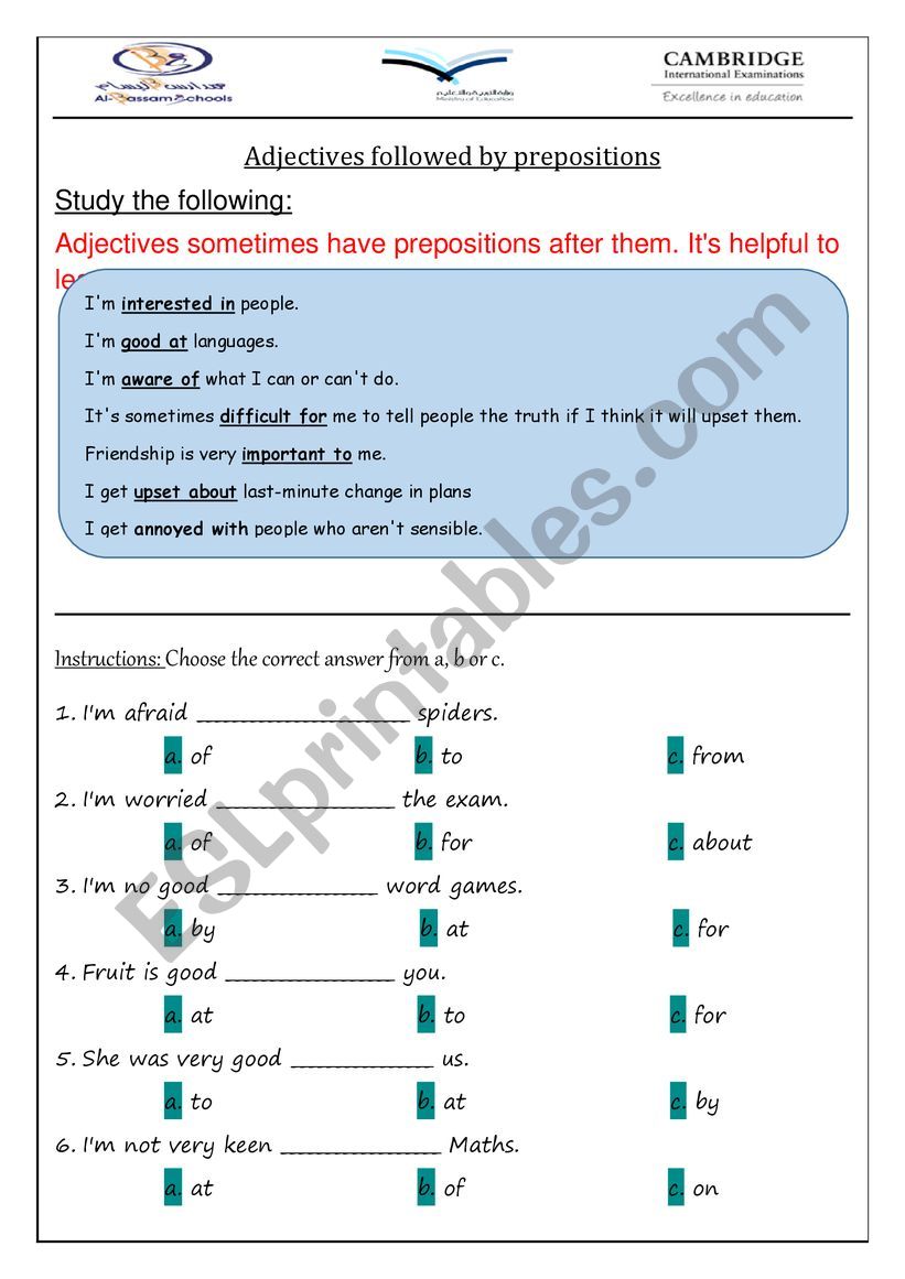 Adjectives followed by prepositions