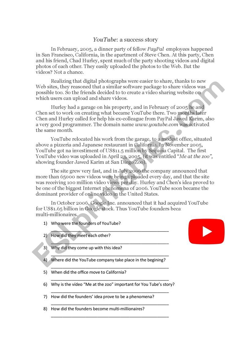 YouTube a success story worksheet