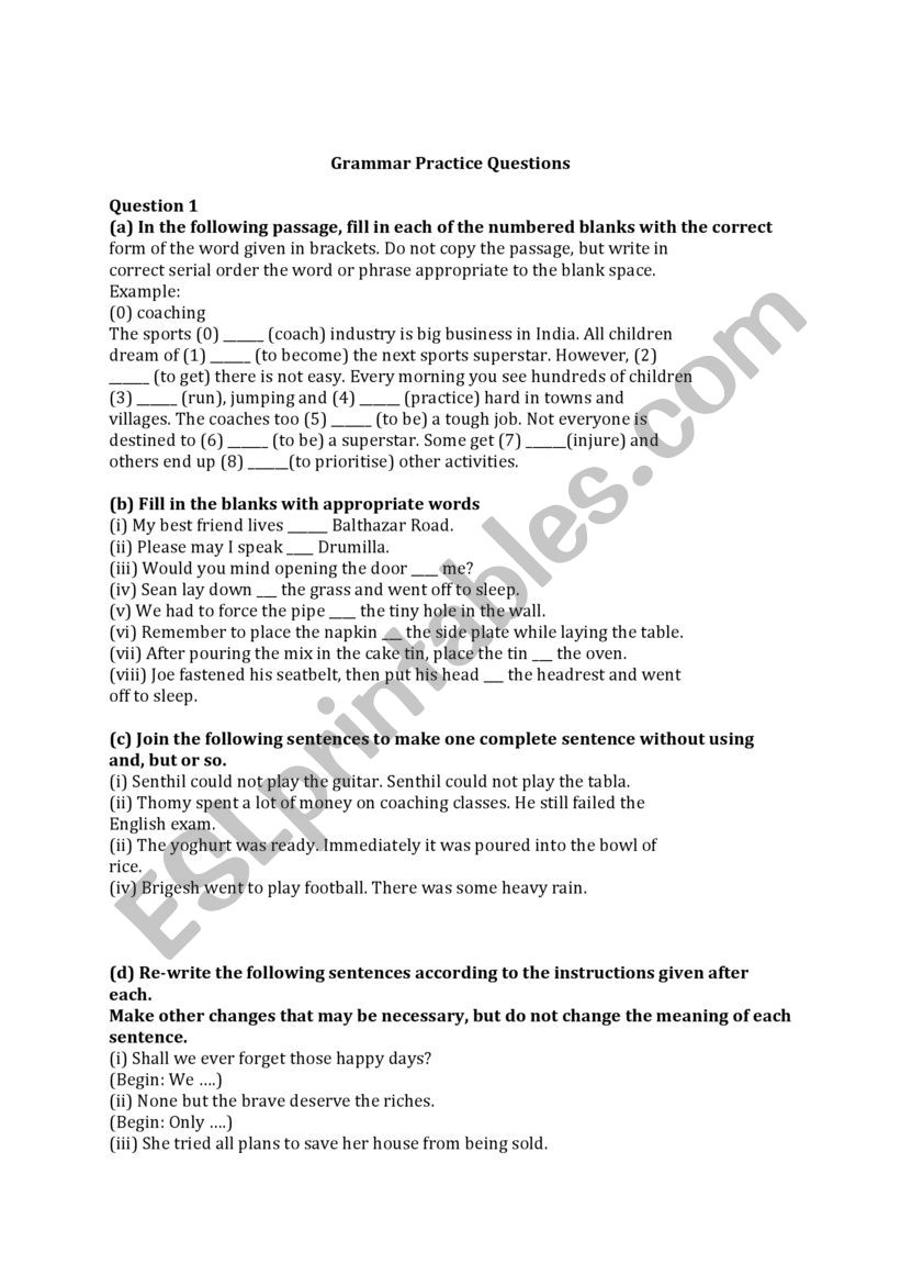 Grammar Practice Questions worksheet