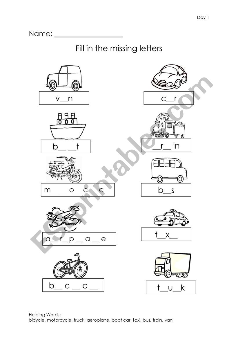 Vehicles worksheet