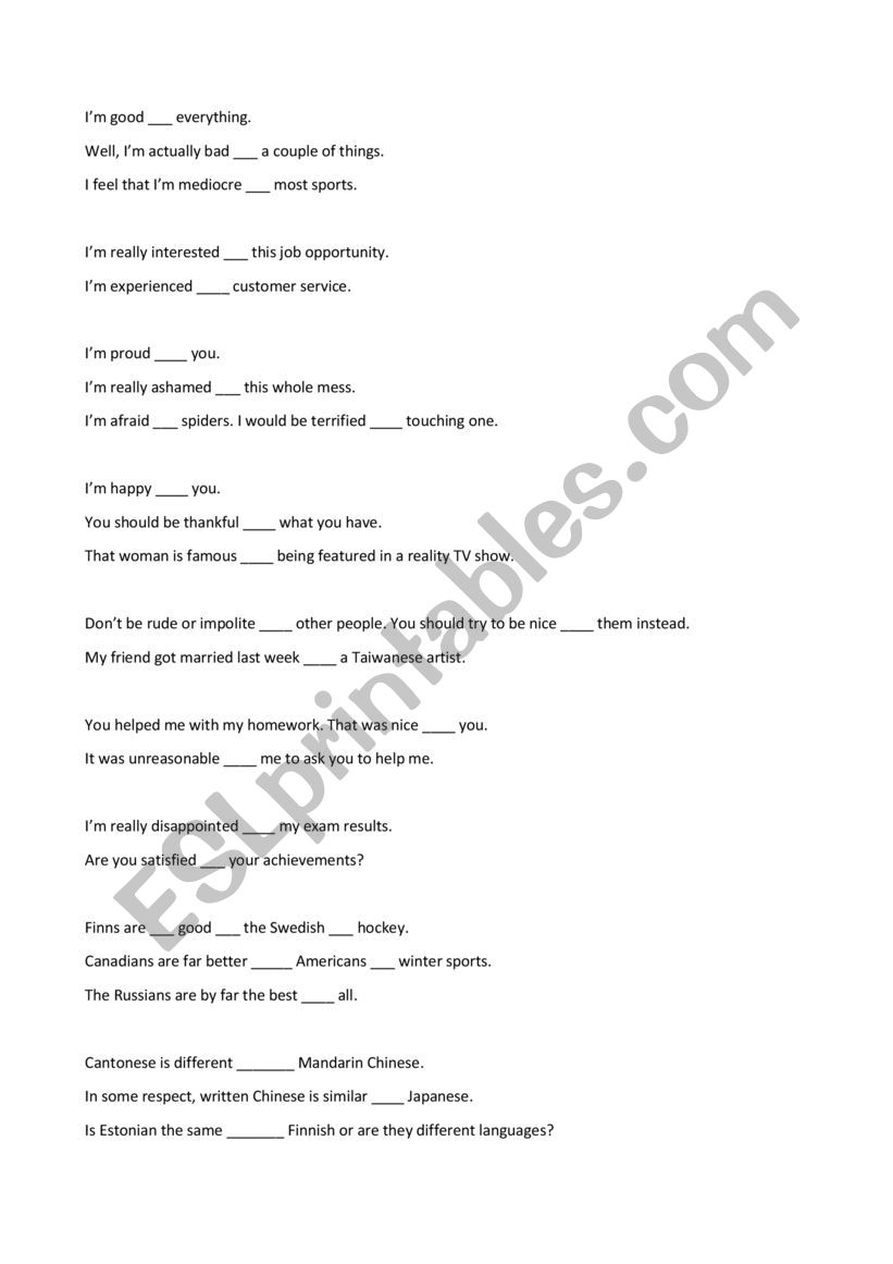 Prepositions with Adjectives worksheet