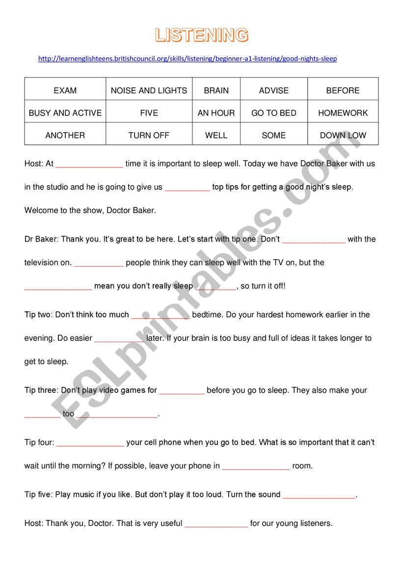 Sleeping listening worksheet