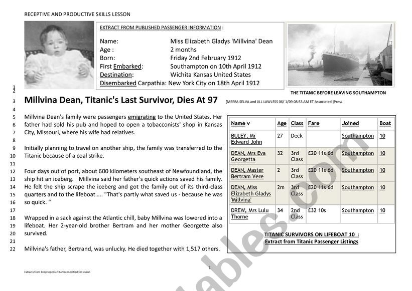 I survived - The Titanic worksheet