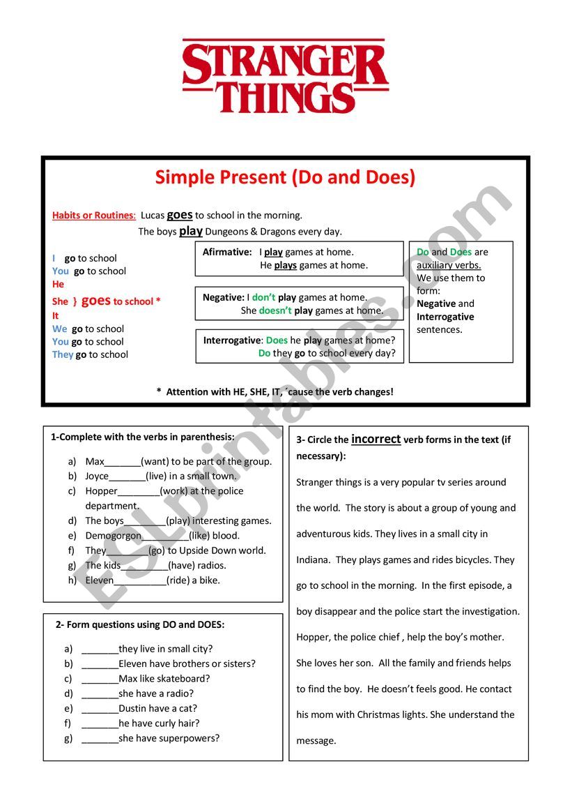 Stranger Things Simple Present worksheet Do and Does
