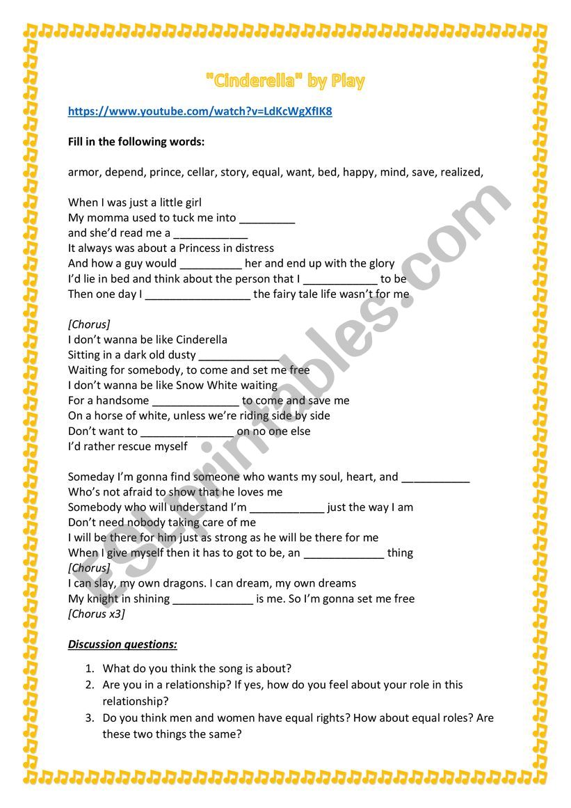 Song gender equality and feminism - ESL worksheet by LadyT87