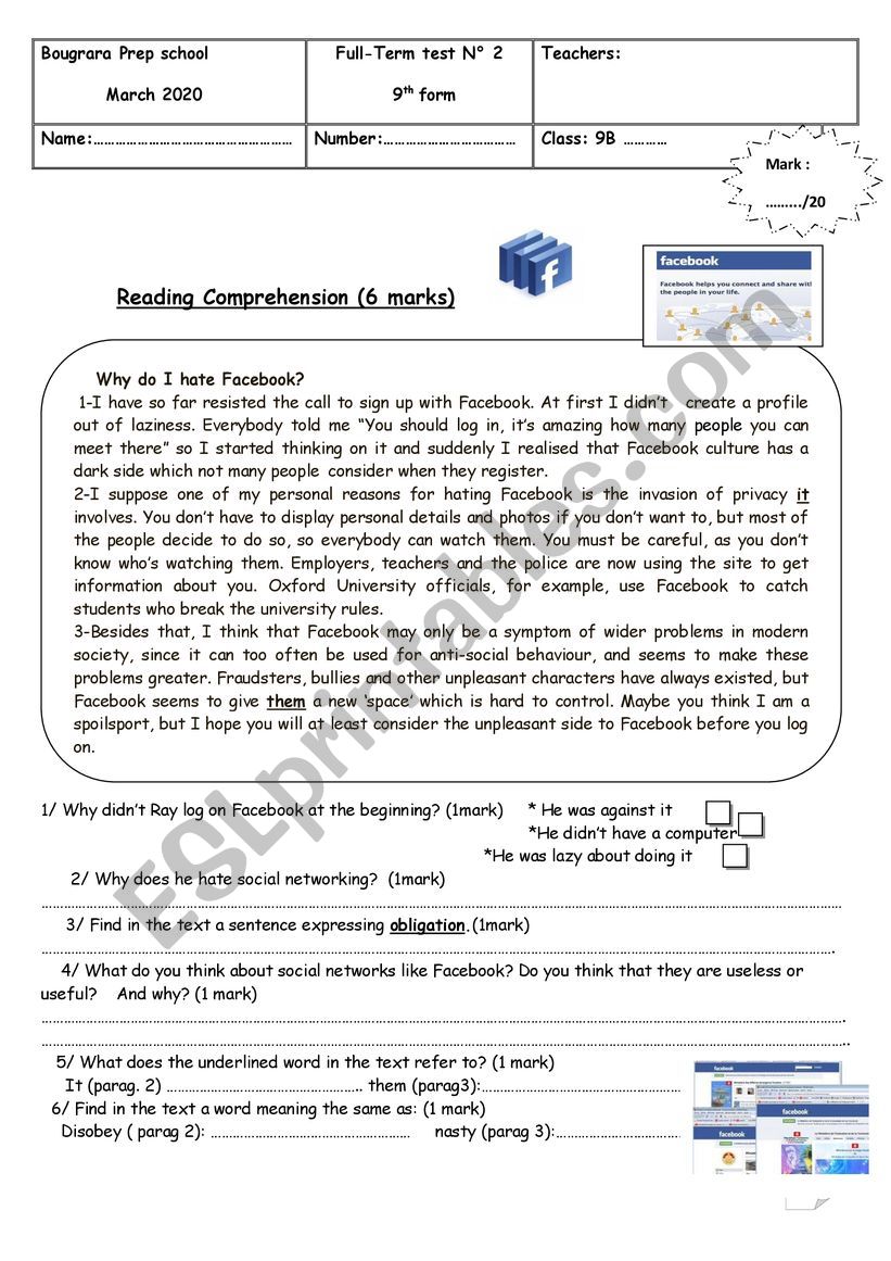 9th for Full- term test N2 worksheet