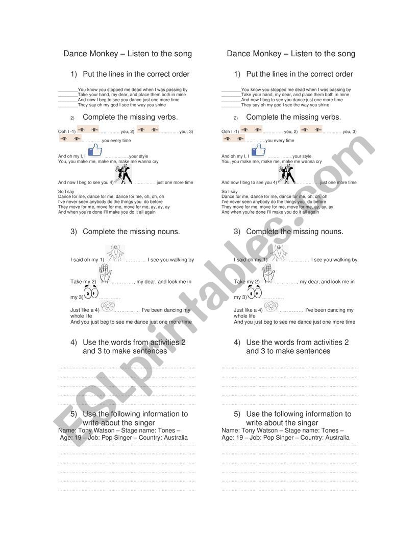 Dance Monkey song worksheet