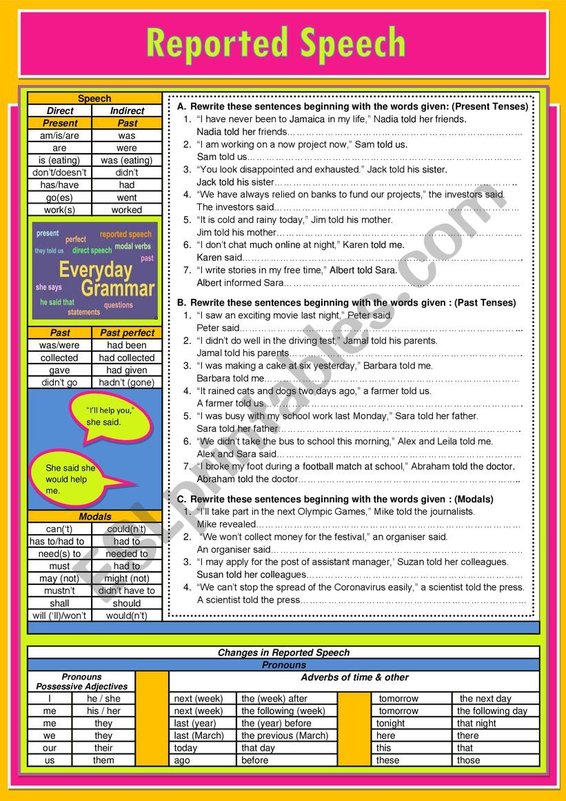 Reported Speech: Statements worksheet