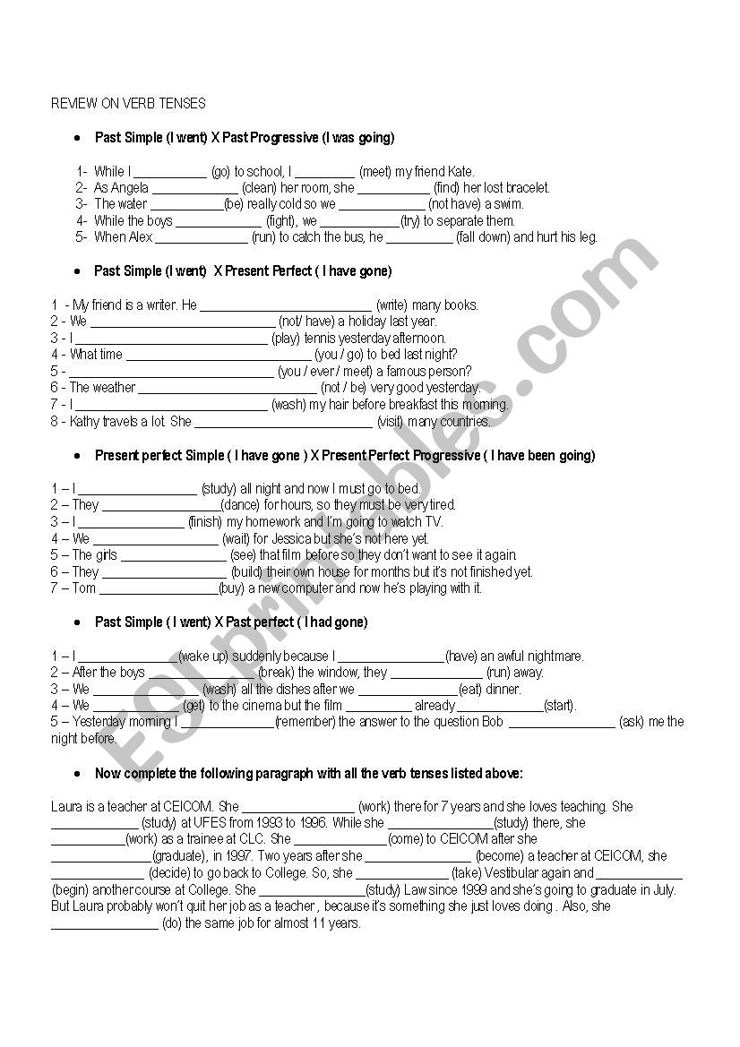 Review on verb tenses worksheet