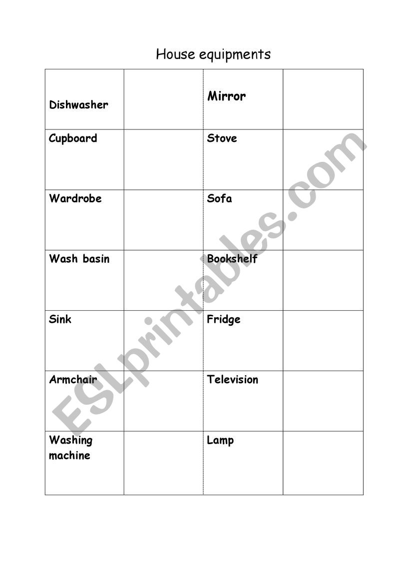 House Equipments worksheet