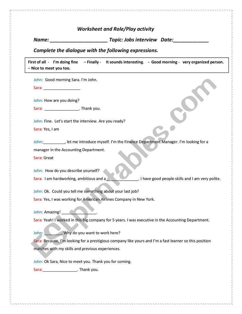 Dialogue Rol and Play worksheet