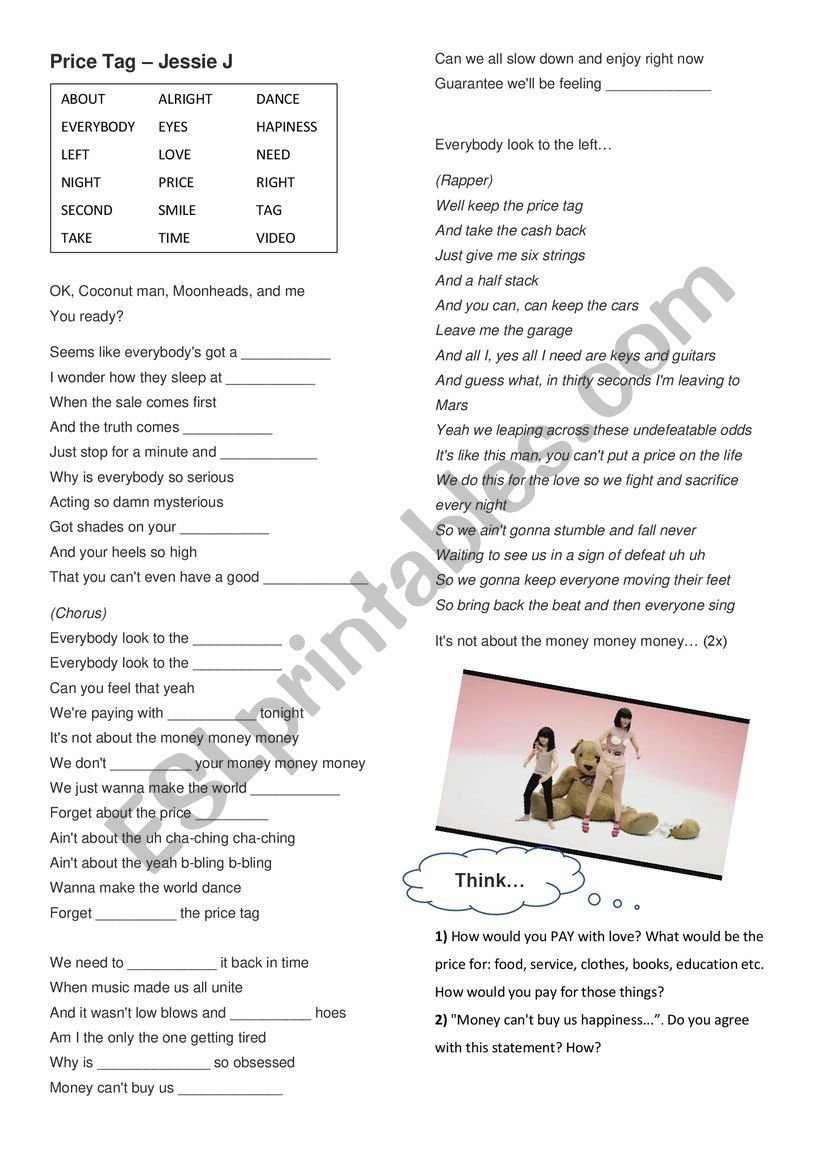 Song Price Tag Jessie J ESL worksheet by aliekaniger
