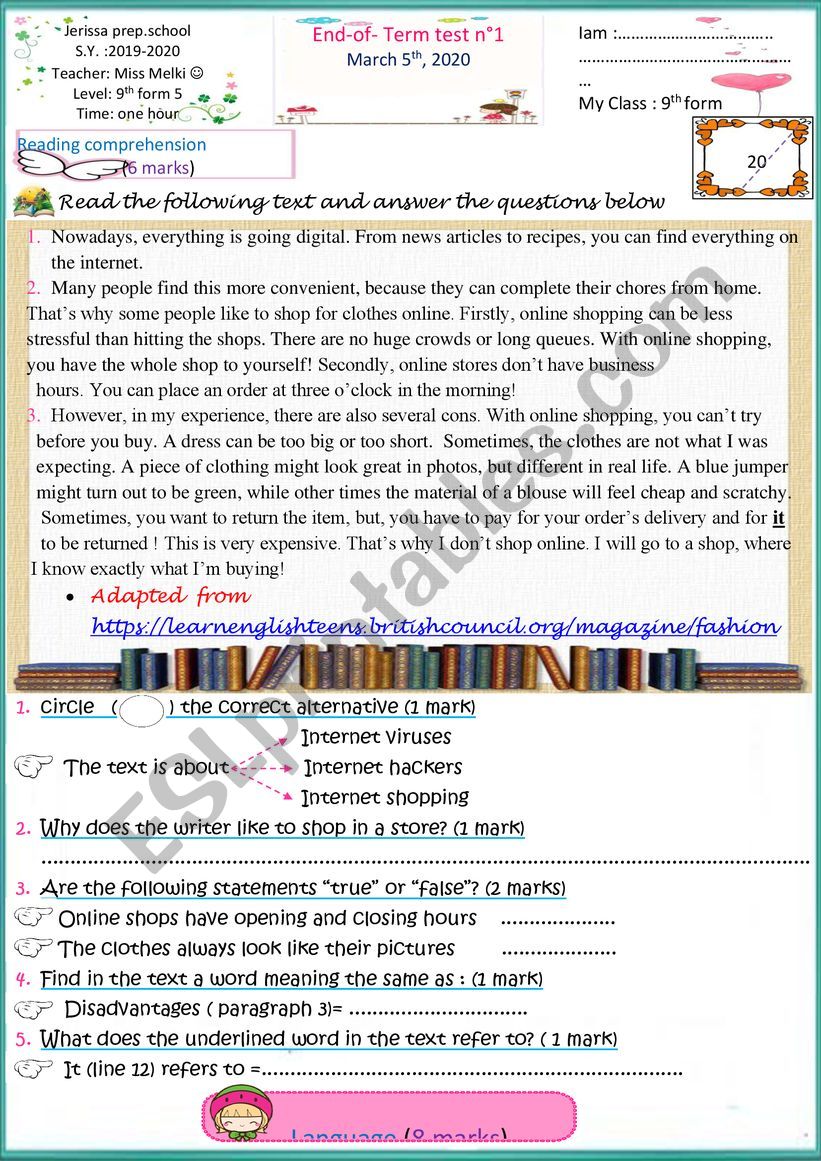 9th form end-of-term test N2 worksheet