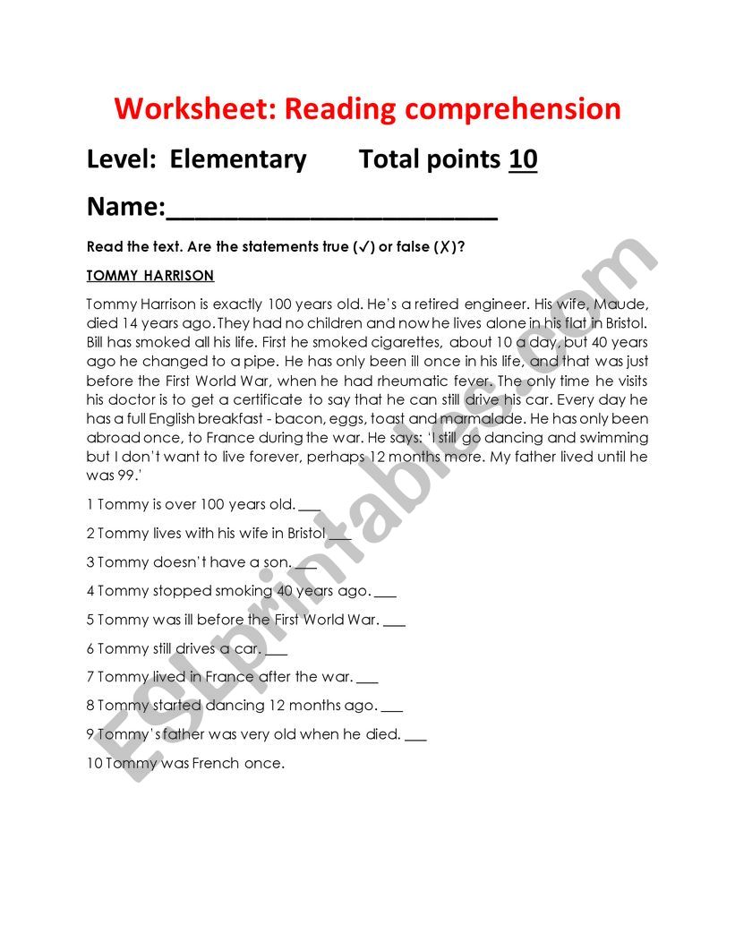 Reading comprehension exercise :Total 10 points