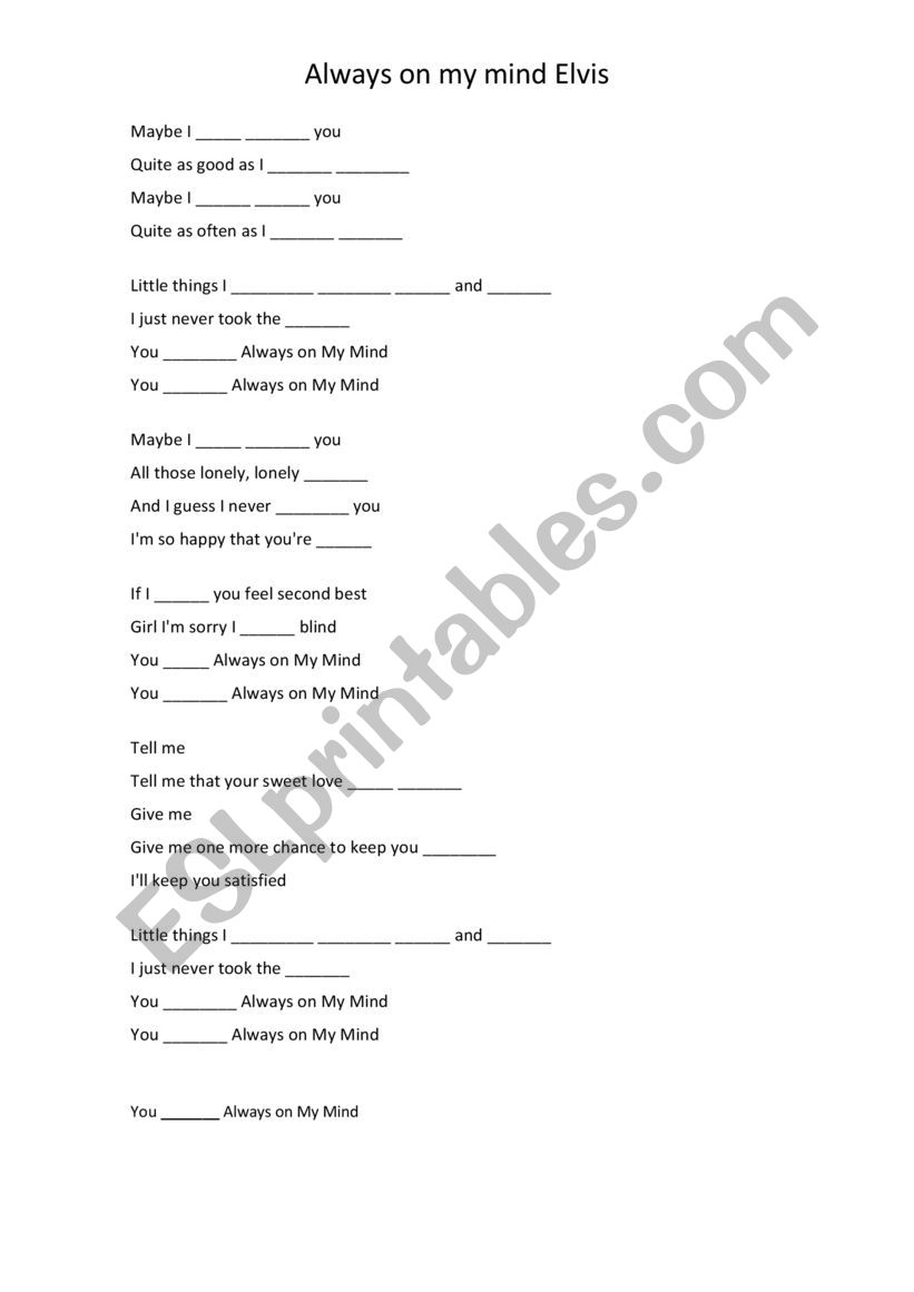 Always on my mind Elvis worksheet