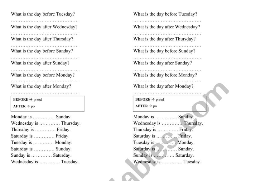 Days of the week - before and after