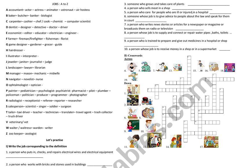 A to Z jobs  worksheet