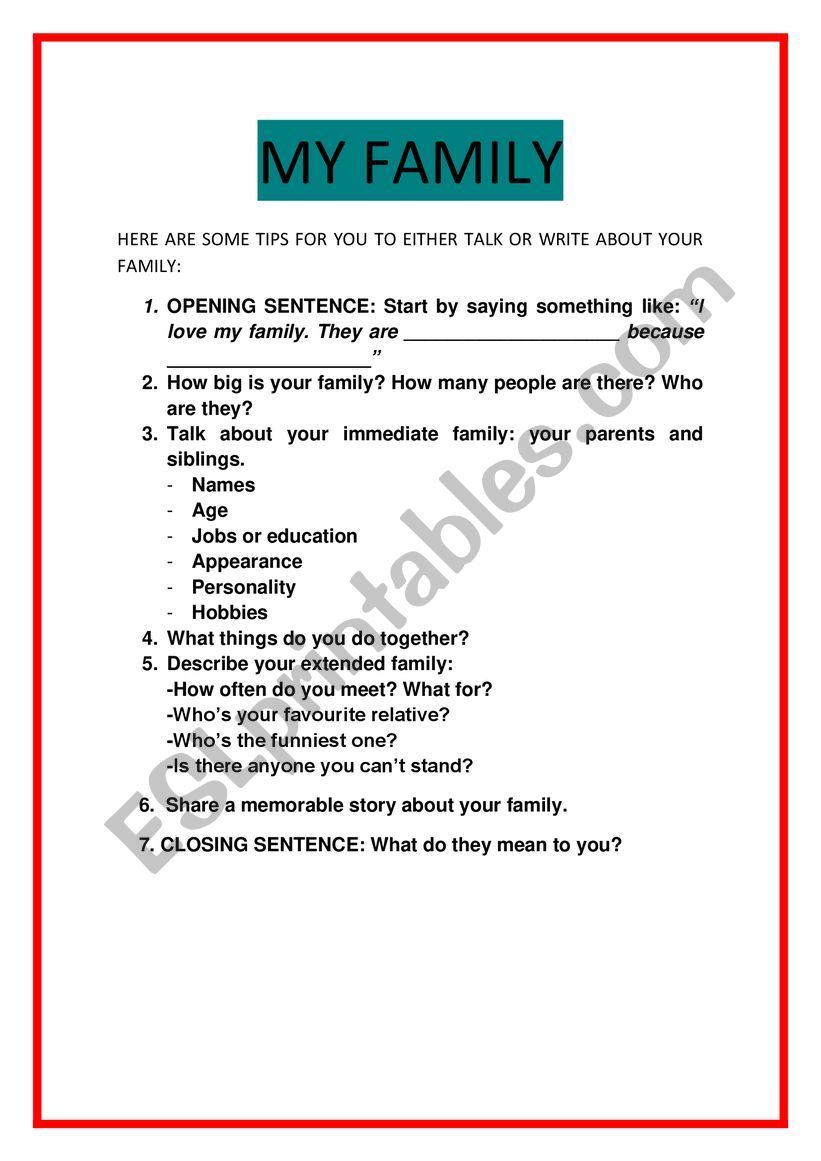 MY FAMILY-Description Tips worksheet