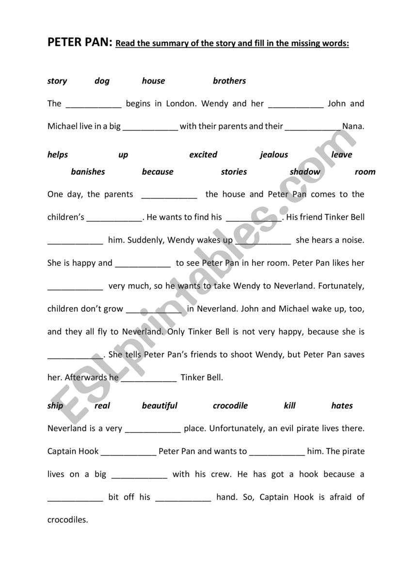 Peter Pan Summary Worksheet worksheet