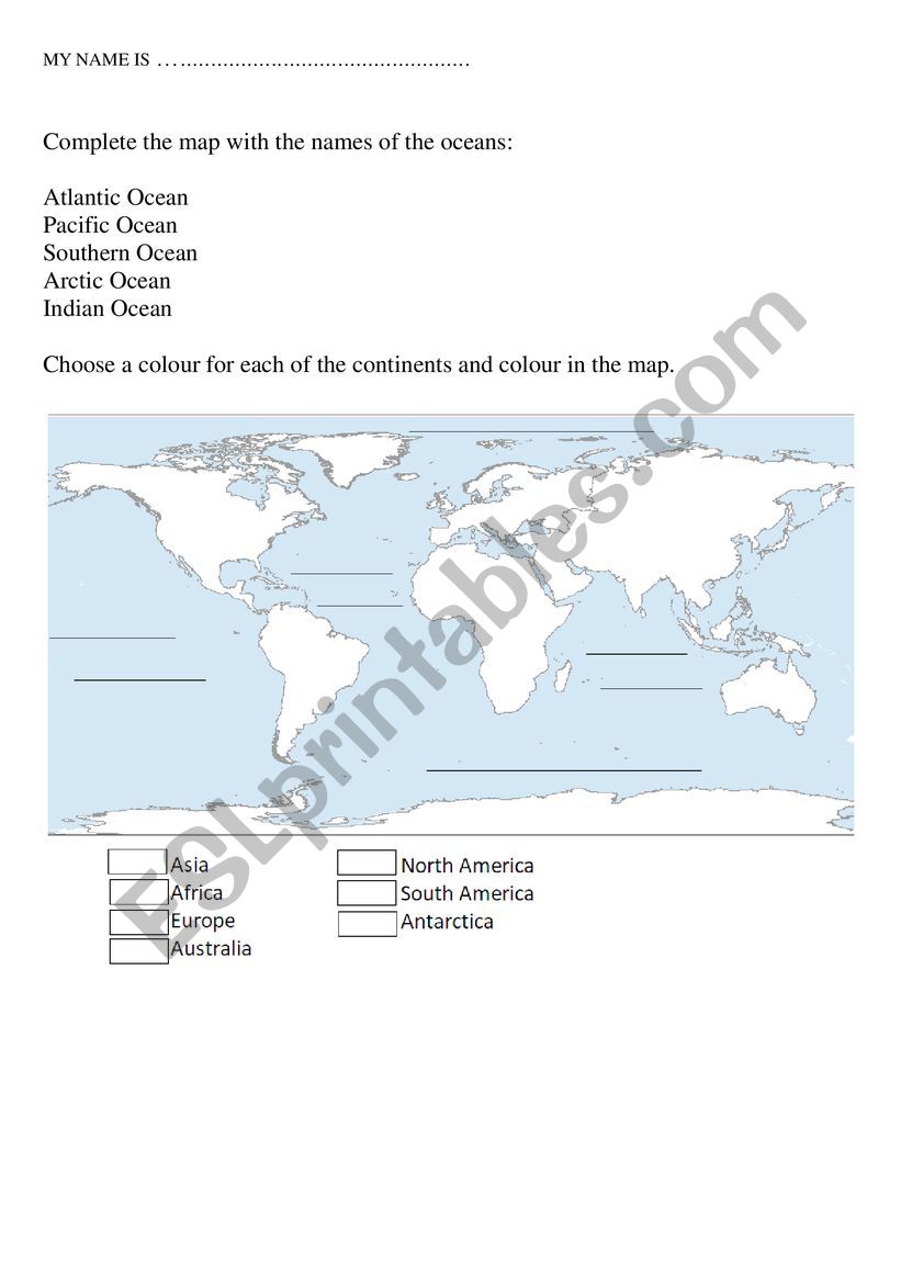 Continents and oceans - ESL worksheet by Ola Negra