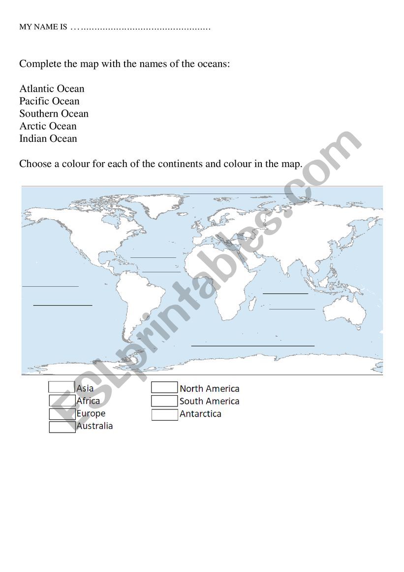 Continents and oceans worksheet