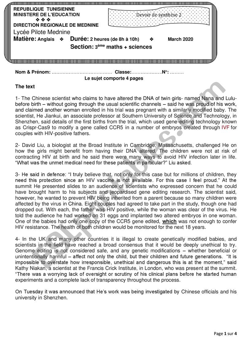 3RD FORM MATH + SCIENCE END TERM TEST 2 PIONEER SCHOOL MARCH 2020