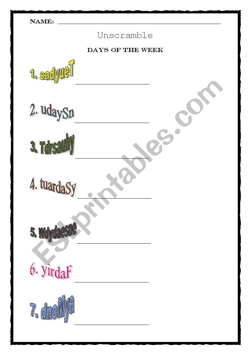 Unscramble Days of the Week worksheet