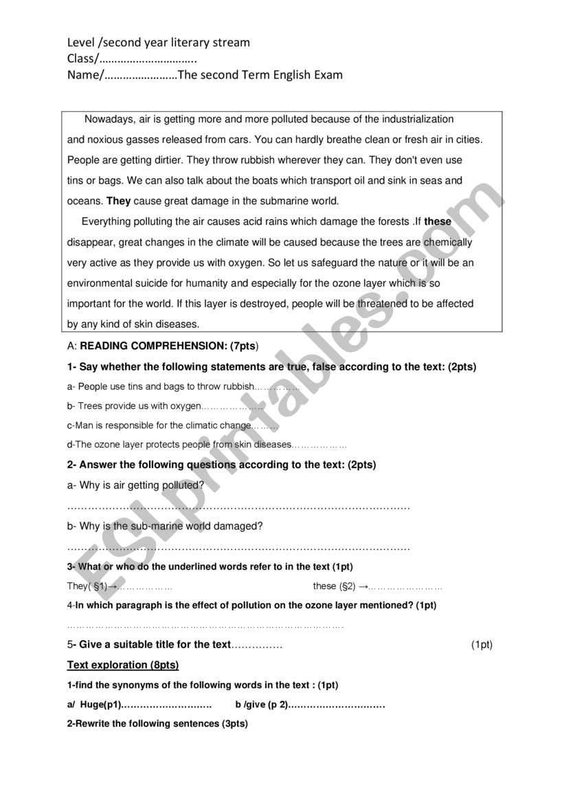 pollution worksheet