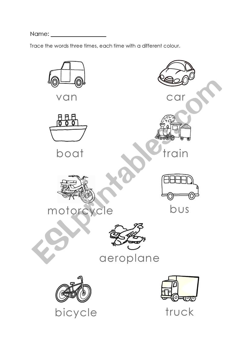 Transportation words tracing worksheet