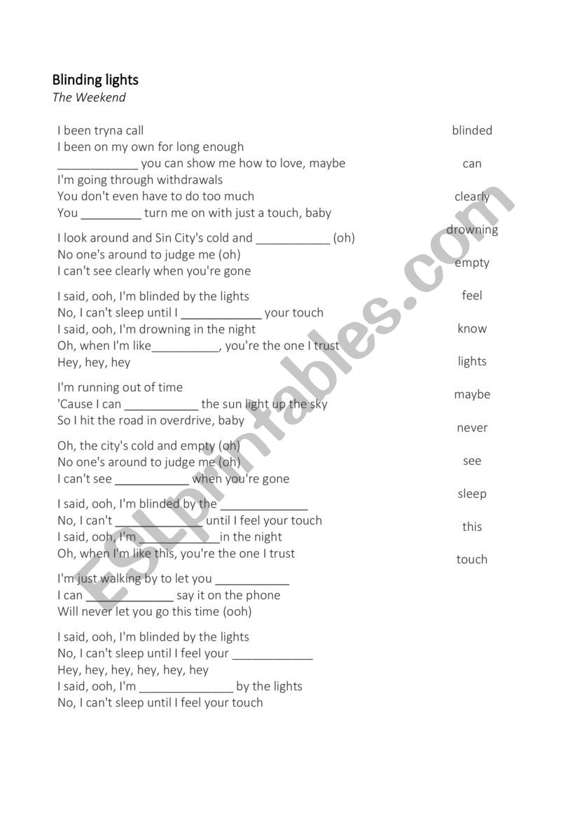 Blinding Lights - The Weeknd worksheet