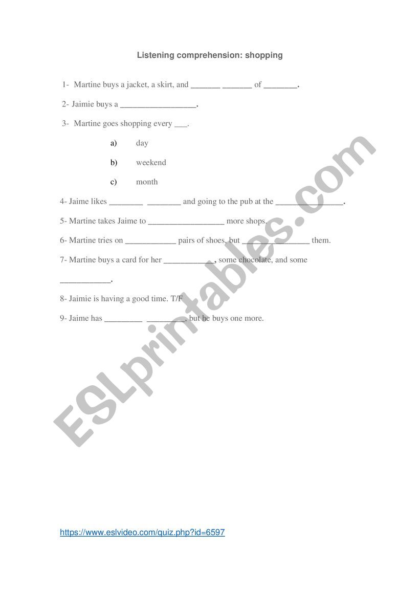 Listening - Shopping worksheet