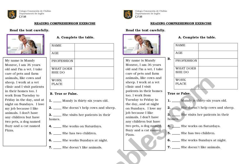 Reading comprehension personal information