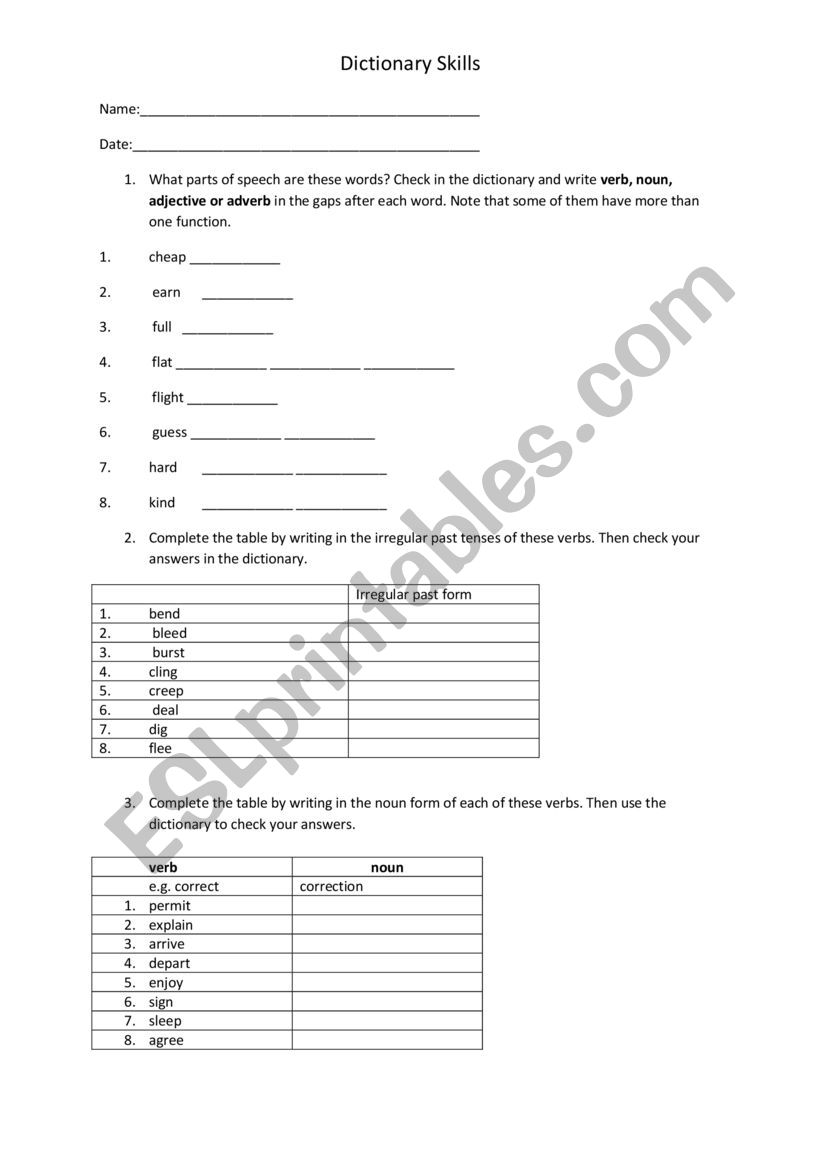 Dictionary skills worksheet