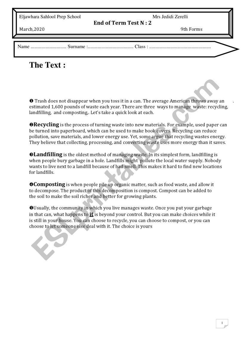 endterm test n 2 9th form worksheet