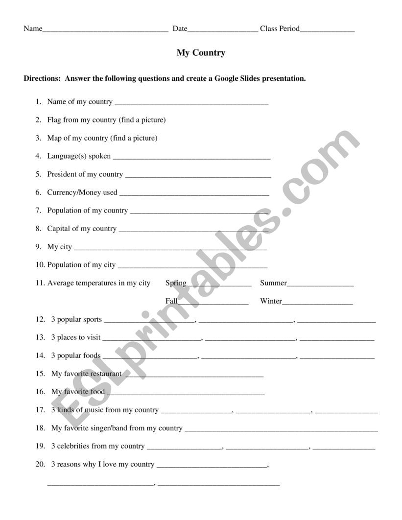 My Country Project- Planning Worksheet