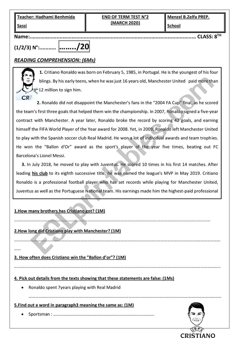 end of term test 8th form worksheet