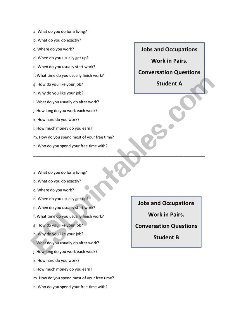 Speaking about Jobs worksheet