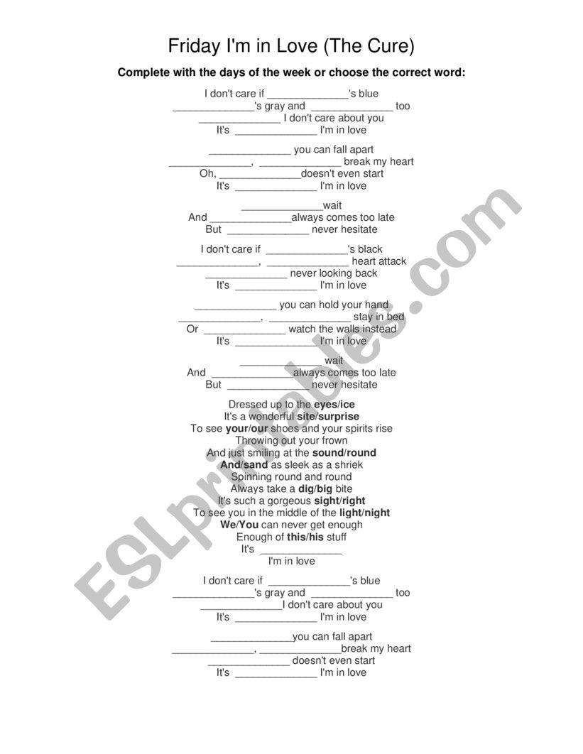 Friday IÃ¯Â¿Â½m in love worksheet