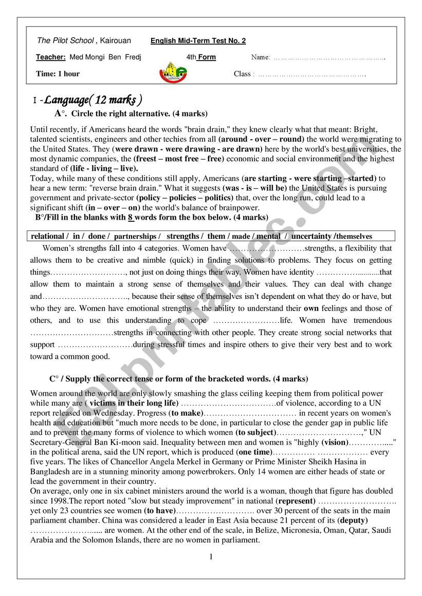 WORKSHEET FOR BAC TUNISIA worksheet