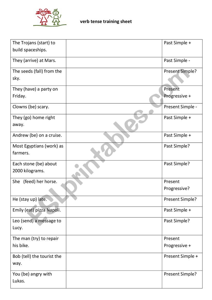 verb tense training worksheet