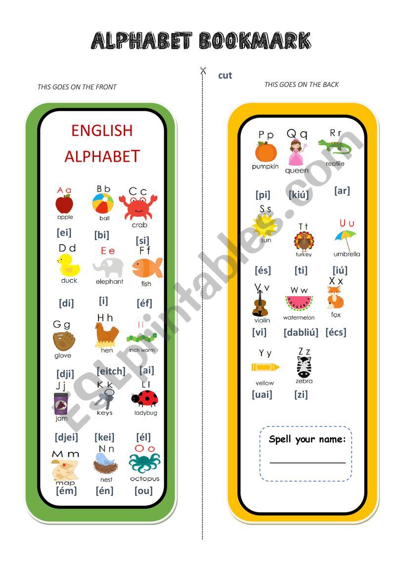 English Alphabet Bookmark worksheet