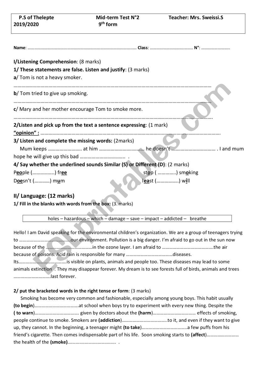 end of term 2.9th form worksheet